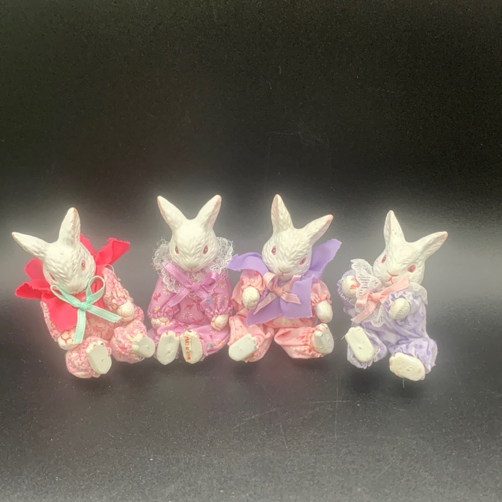 Four Adorable Resin Bendable Clothed Jumper Suit Bunny Rabbits